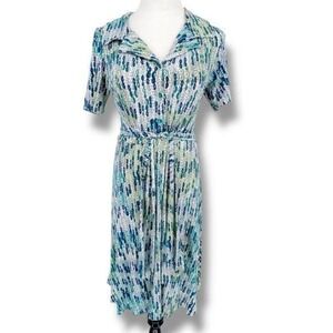 Anni Kuan Wrap Dress Collared Geometric Print Dress Waist Cinch Tie Small